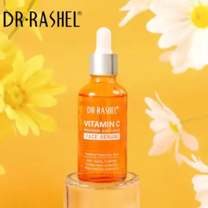 Dr. Rashel Vitamin C Face Serum bottle with dropper, promoting brightening and anti-aging benefits, displayed with yellow and white daisies on a vibrant yellow background