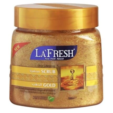 La Fresh Gold Scrub jar, 500ml, with gold cap for deep exfoliating face and body care