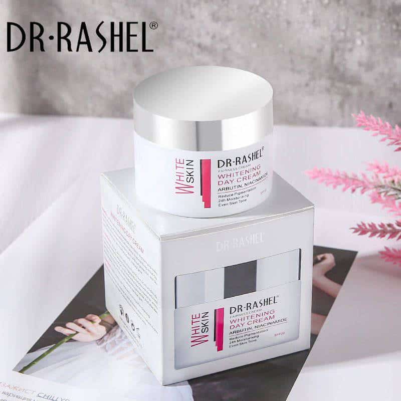 Dr Rashel Whitening Day Cream with Arbutin and Niacinamide for reducing pigmentation, moisturizing, and evening skin tone – product displayed on its box.