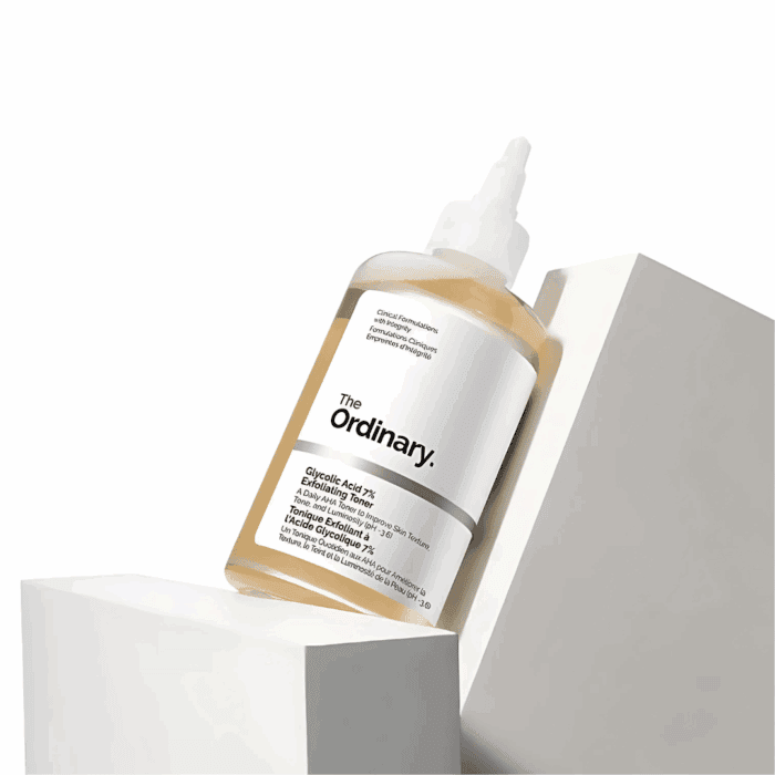 The Ordinary Glycolic Acid 7% Exfoliating Toner (100ml) bottle displayed on angled white blocks.
