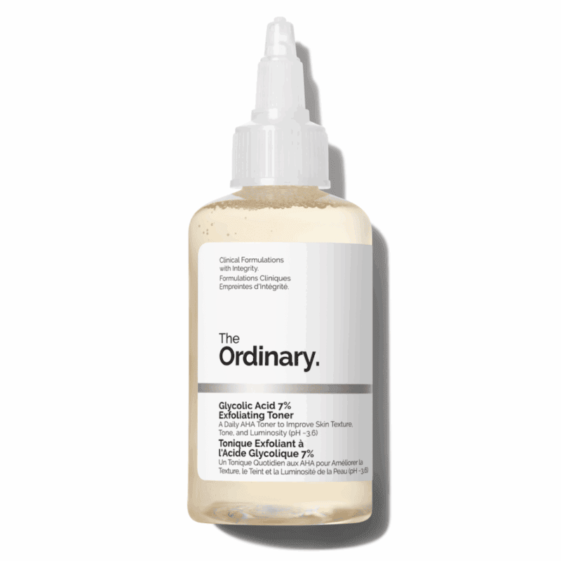 The Ordinary Glycolic Acid 7% Exfoliating Toner – 100ml AHA solution in a transparent bottle with pointed applicator cap.