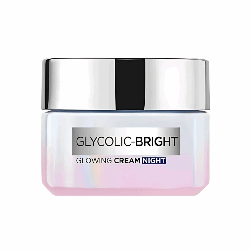 L’Oréal Glycolic-Bright Glowing Night Cream jar with a sleek silver lid and iridescent white-pink container, designed for skin brightening and dark spot reduction, photographed on a plain white background.