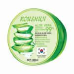 Roushun Aloe Vera Soothing & Moisturizing Gel tub (300ml) with green lid and aloe vera leaf design, highlighting 99% aloe essence benefits: moisturizing, oil control for acne, after-sun repair, soothing, and conditioning. White background.