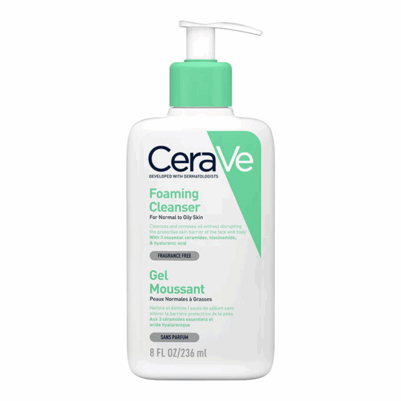 CeraVe Foaming Cleanser in a white 236ml pump bottle with green label, designed for normal to oily skin, fragrance-free with ceramides, niacinamide, and hyaluronic acid.