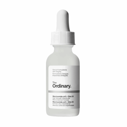 Front view of The Ordinary Niacinamide 10% + Zinc 1% serum 30ml with white dropper cap, minimalistic label design, high-strength blemish and oil-control formula.