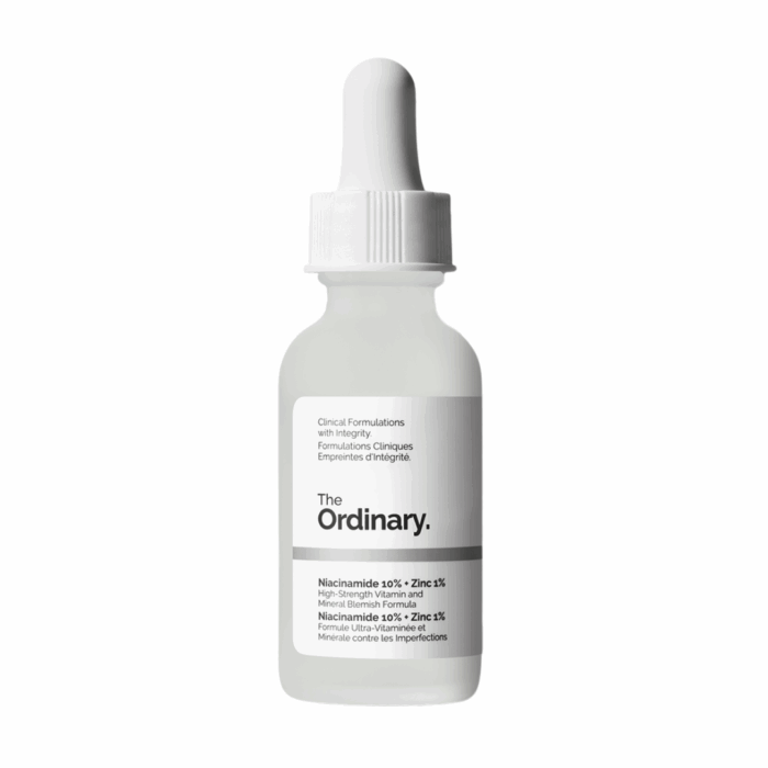 Front view of The Ordinary Niacinamide 10% + Zinc 1% serum 30ml with white dropper cap, minimalistic label design, high-strength blemish and oil-control formula.