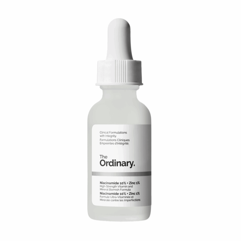 Front view of The Ordinary Niacinamide 10% + Zinc 1% serum 30ml with white dropper cap, minimalistic label design, high-strength blemish and oil-control formula.