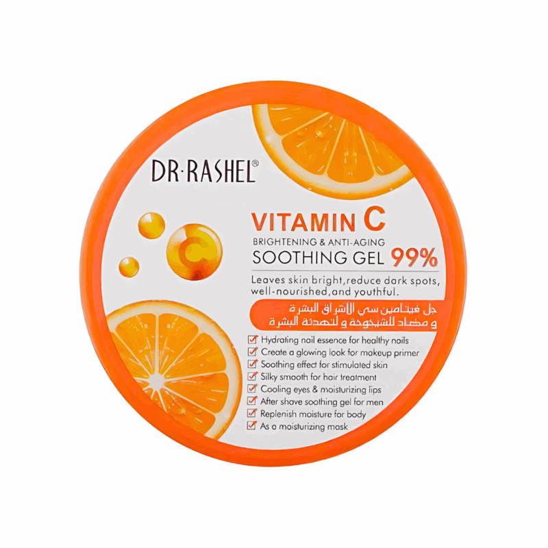 Dr Rashel Vitamin C Soothing Gel 99% in round orange container with citrus design, brightening and anti-aging formula to reduce dark spots and nourish skin.