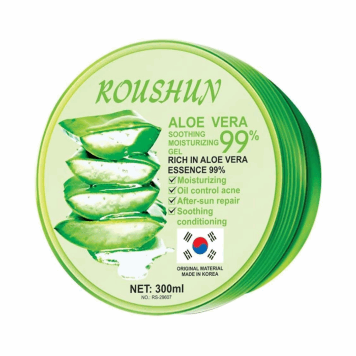Roushun Aloe Vera Soothing & Moisturizing Gel tub (300ml) with green lid and aloe vera leaf design, highlighting 99% aloe essence benefits: moisturizing, oil control for acne, after-sun repair, soothing, and conditioning. White background.
