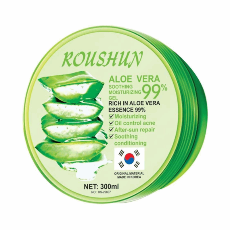 Roushun Aloe Vera Soothing & Moisturizing Gel tub (300ml) with green lid and aloe vera leaf design, highlighting 99% aloe essence benefits: moisturizing, oil control for acne, after-sun repair, soothing, and conditioning. White background.