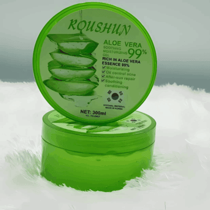 Roushun Aloe Vera Soothing & Moisturizing Gel 300ml in a green round tub, placed on a soft white surface. Packaging highlights 99% aloe essence with benefits such as moisturizing, oil control for acne, after-sun repair, soothing, and conditioning.