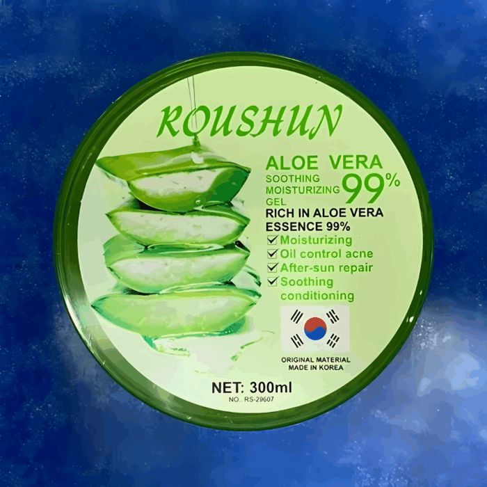 Roushun Aloe Vera Soothing & Moisturizing Gel tub (300ml) with green lid, featuring aloe vera leaf stack illustration. Benefits listed: moisturizing, oil control for acne, after-sun repair, soothing, and conditioning. Placed on a blue textured background.