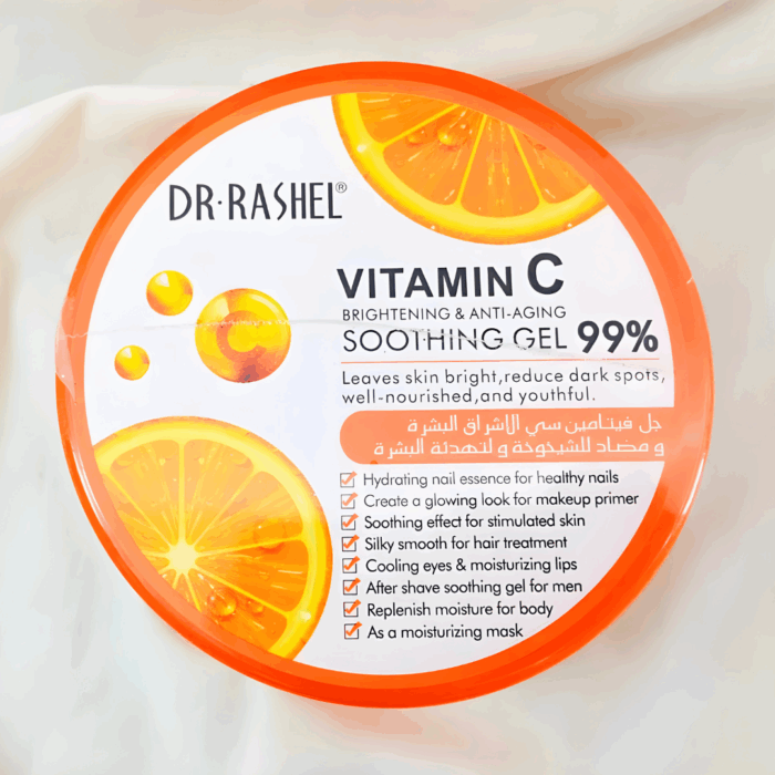 Dr Rashel Vitamin C Soothing Gel 99% brightening and anti-aging skincare gel, reduces dark spots, hydrates face, body, and hair, 300g round orange container