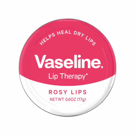 Vaseline Lip Therapy Rosy Lips balm in a round 17g tin with a pink top and white bottom background, featuring the text “Helps Heal Dry Lips” and “Rosy Lips.”