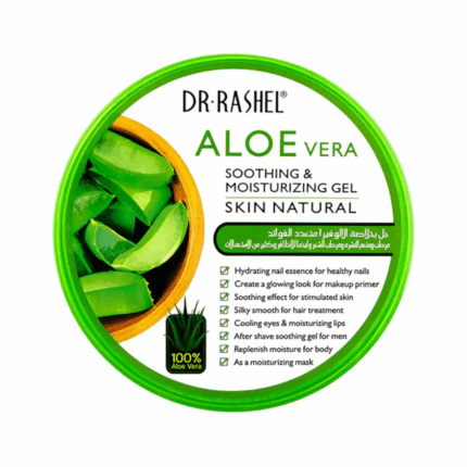 Dr Rashel Aloe Vera Soothing & Moisturizing Gel in a round green tub with aloe leaf graphics, featuring benefits like hydration, glowing skin, cooling effect, hair treatment, after-shave care, and moisturizing mask. White background.