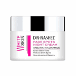Dr Rashel White Skin Fade Spots Night Cream jar with a silver lid on a white background, highlighting Arbutin and Niacinamide for even skin tone, dark spot reduction, and nourishing repair.