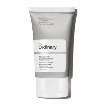The Ordinary Azelaic Acid Suspension 10% in a sleek grey squeeze tube with white label, photographed against a plain white background. A multifunctional brightening cream for uneven tone and dull skin.