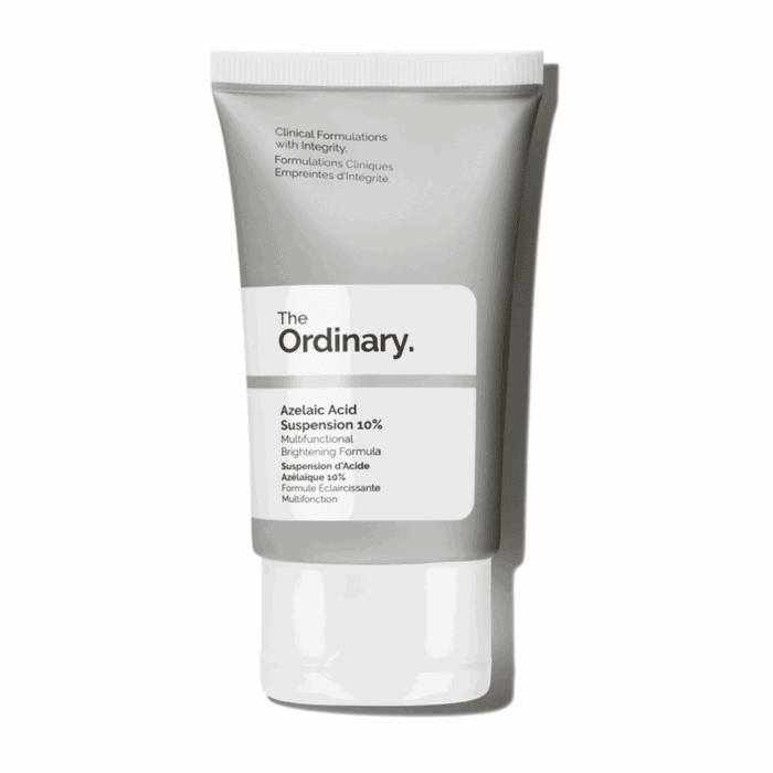 The Ordinary Azelaic Acid Suspension 10% in a sleek grey squeeze tube with white label, photographed against a plain white background. A multifunctional brightening cream for uneven tone and dull skin.