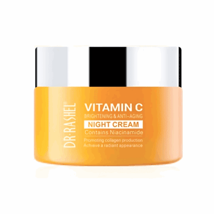 Dr Rashel Vitamin C Brightening & Anti-Aging Night Cream jar, orange with a silver lid, featuring text highlighting niacinamide, collagen support, and radiant skin benefits on a clean white background.