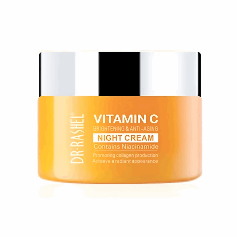 Dr Rashel Vitamin C Brightening & Anti-Aging Night Cream jar, orange with a silver lid, featuring text highlighting niacinamide, collagen support, and radiant skin benefits on a clean white background.