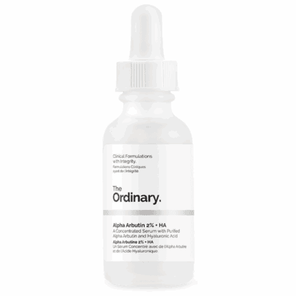 The Ordinary Alpha Arbutin 2% + HA Serum in a frosted glass dropper bottle with a white label and minimalist design, photographed against a plain white background.