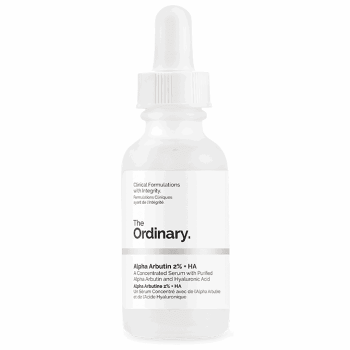 The Ordinary Alpha Arbutin 2% + HA Serum in a frosted glass dropper bottle with a white label and minimalist design, photographed against a plain white background.