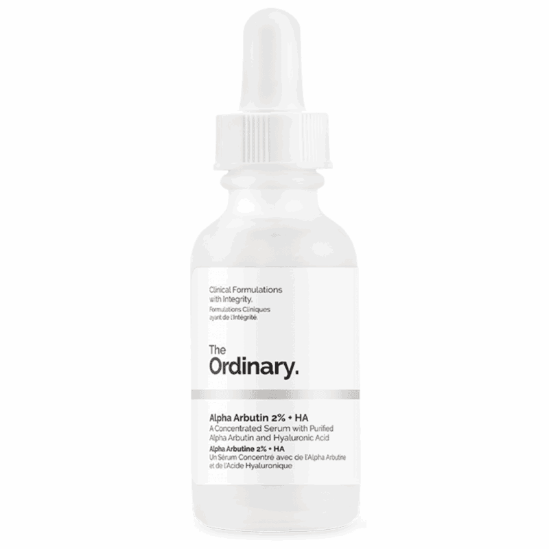 The Ordinary Alpha Arbutin 2% + HA Serum in a frosted glass dropper bottle with a white label and minimalist design, photographed against a plain white background.