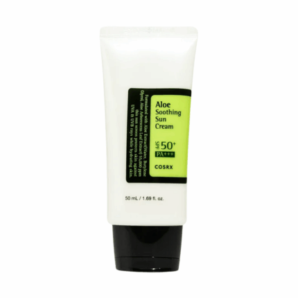 COSRX Aloe Soothing Sun Cream SPF 50+ PA+++ in white tube with green label, 50ml. Title: COSRX Aloe Soothing Sun Cream SPF 50+ PA+++ 50ml
