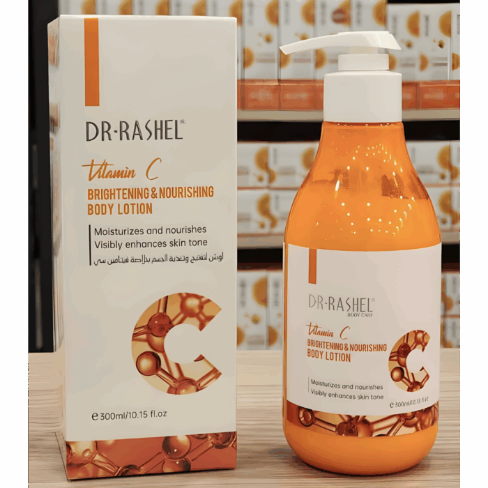 Dr Rashel Vitamin C Brightening & Nourishing Body Lotion bottle placed next to packaging box, displayed on a store counter.