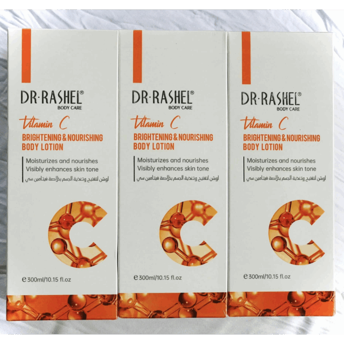 Three packaging boxes of Dr Rashel Vitamin C Brightening & Nourishing Body Lotion 300ml lined up side by side.
