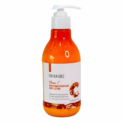 Dr Rashel Vitamin C Brightening & Nourishing Body Lotion in an orange pump bottle, designed to moisturize, nourish, and enhance skin tone.