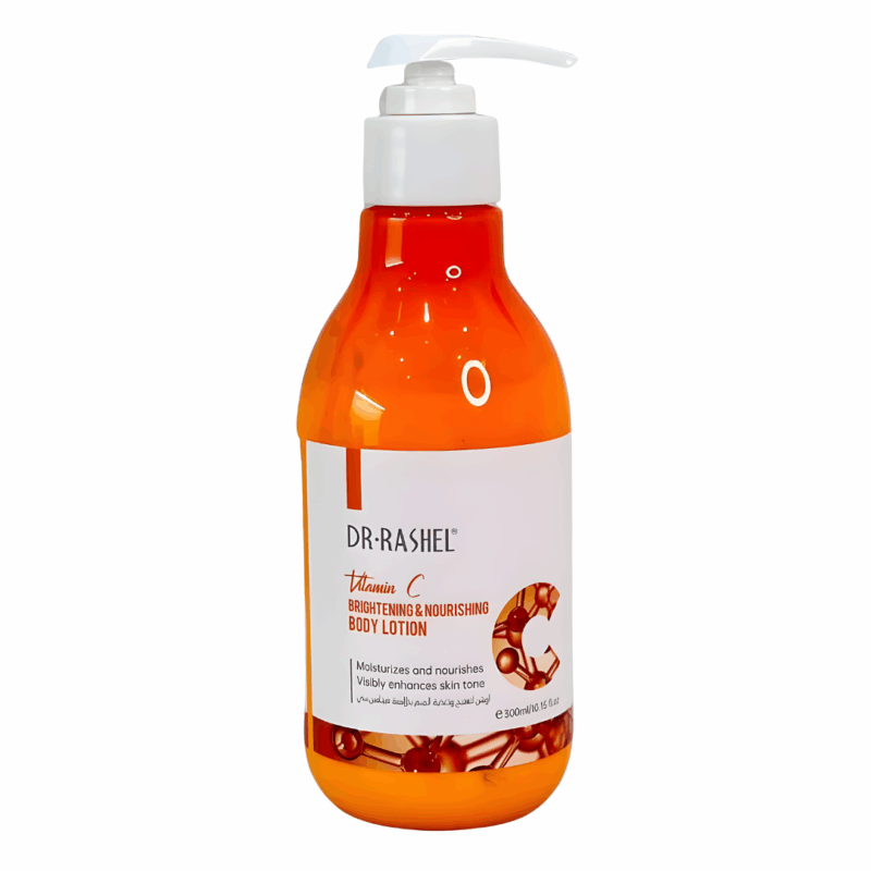 Dr Rashel Vitamin C Brightening & Nourishing Body Lotion in an orange pump bottle, designed to moisturize, nourish, and enhance skin tone.