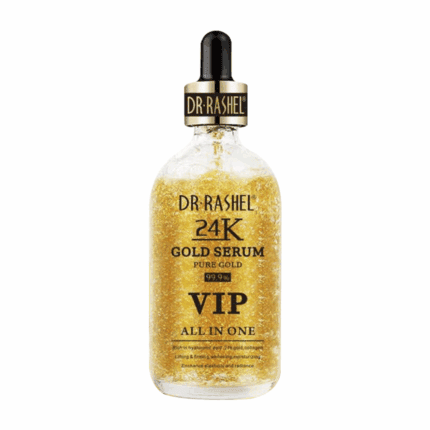 Dr Rashel 24K Gold Serum bottle with black and gold dropper cap, filled with shimmering gold flakes, labeled “VIP All In One” and “Pure Gold 99.9%.”