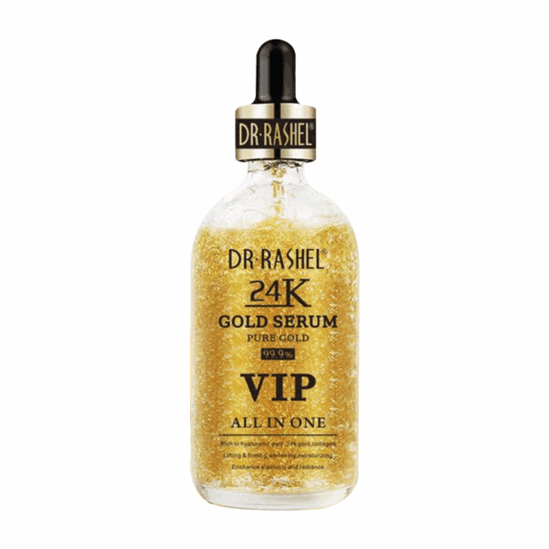 Dr Rashel 24K Gold Serum bottle with black and gold dropper cap, filled with shimmering gold flakes, labeled “VIP All In One” and “Pure Gold 99.9%.”