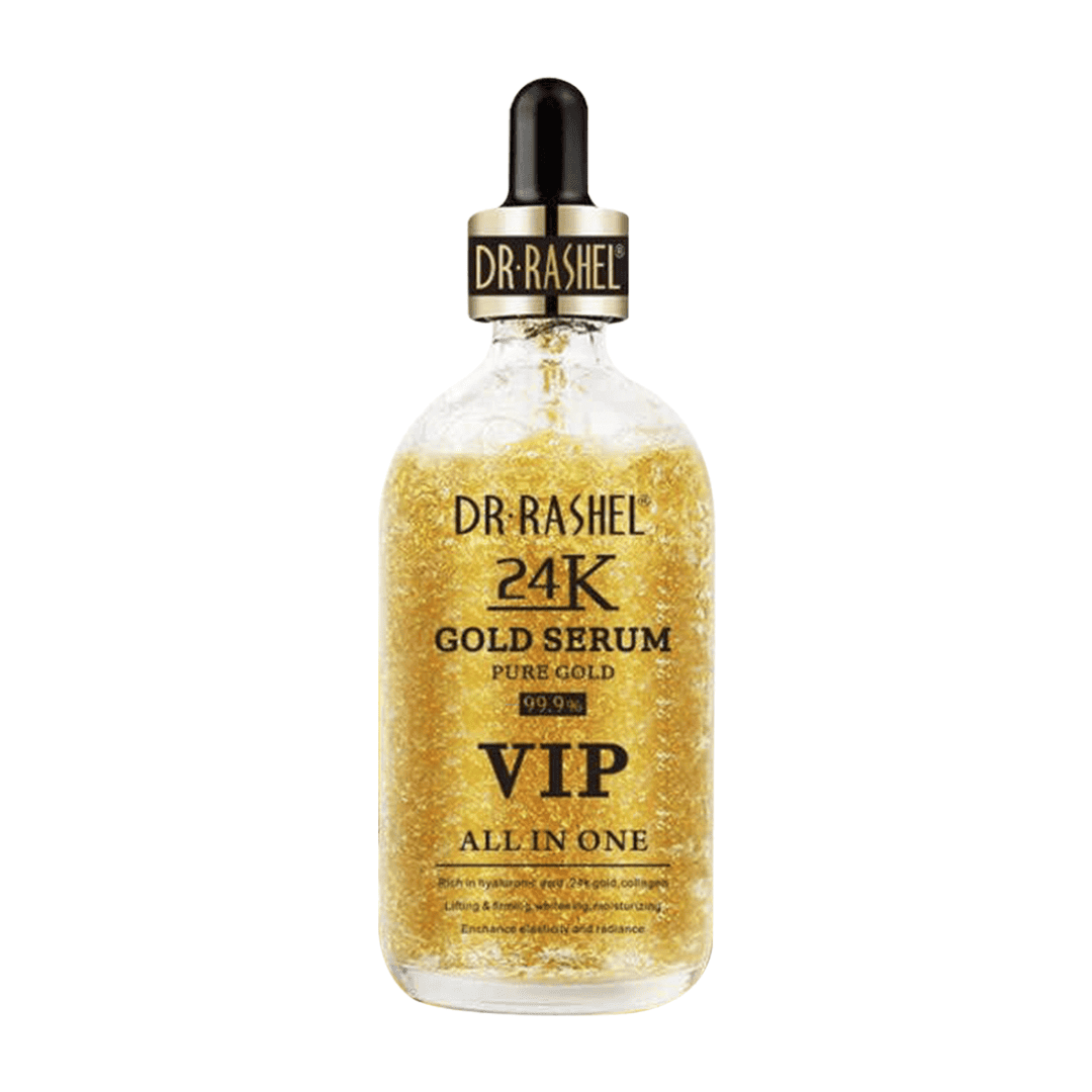 Dr Rashel 24K Gold Serum VIP All In One Dr Rashel 24K Gold Serum bottle with black and gold dropper cap, filled with shimmering gold flakes, labeled โVIP All In Oneโ and โPure Gold 99.9%.โ