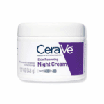 White jar of CeraVe Skin Renewing Night Cream featuring a purple label and peptide complex formula, 48g