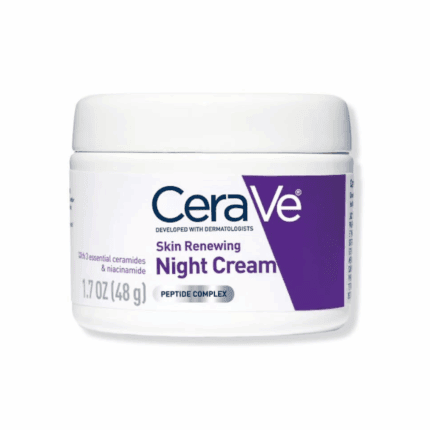 White jar of CeraVe Skin Renewing Night Cream featuring a purple label and peptide complex formula, 48g