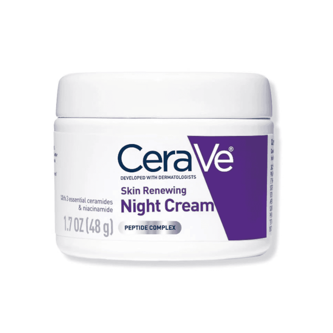 CeraVe Skin Renewing Night Cream 48g White jar of CeraVe Skin Renewing Night Cream featuring a purple label and peptide complex formula, 48g