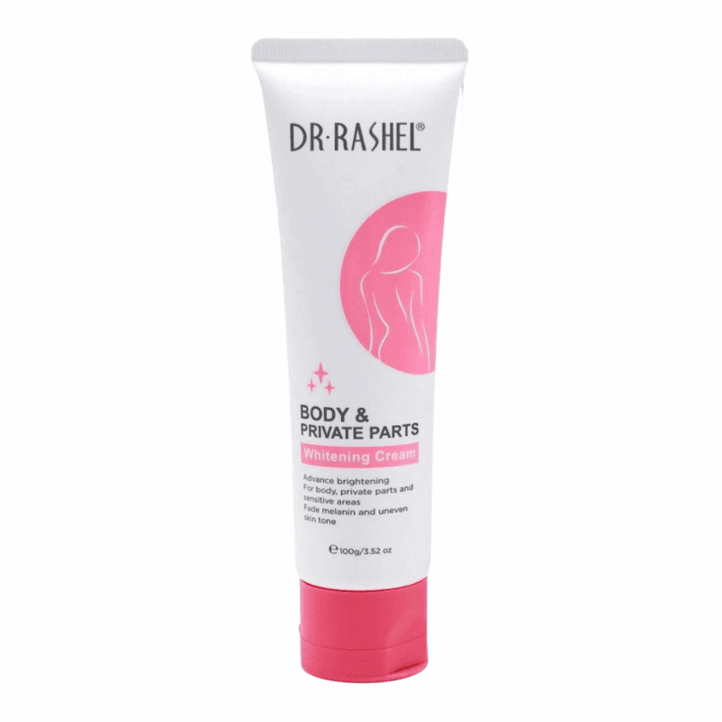 Tube of Dr Rashel Body & Private Parts Whitening Cream in white and pink packaging standing upright on a plain background.