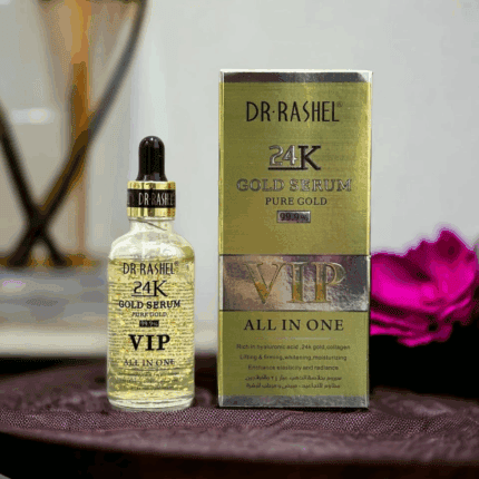 Dr Rashel 24K Gold Serum bottle with visible gold flakes placed beside its gold VIP box, featuring “Pure Gold 99.9%” and “All In One” branding.