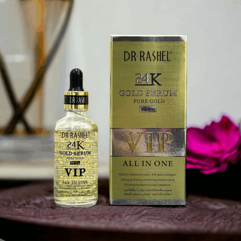 Dr Rashel 24K Gold Serum bottle with visible gold flakes placed beside its gold VIP box, featuring “Pure Gold 99.9%” and “All In One” branding.