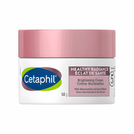 A jar of Cetaphil Healthy Radiance Brightening Cream 50g with a pink lid, featuring the Cetaphil logo and product label highlighting niacinamide and Sea Daffodil extract for skin brightening.