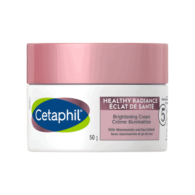 A jar of Cetaphil Healthy Radiance Brightening Cream 50g with a pink lid, featuring the Cetaphil logo and product label highlighting niacinamide and Sea Daffodil extract for skin brightening.
