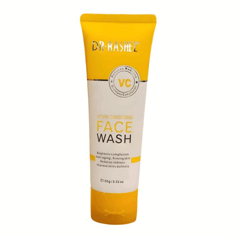 Dr Rashel Vitamin C Brightening Face Wash tube with yellow and white packaging, designed to brighten complexion and reduce redness.