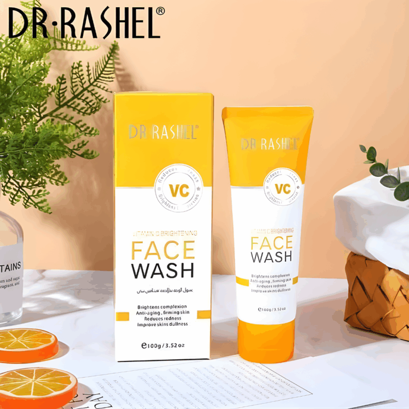Dr Rashel Vitamin C Brightening Face Wash box and tube displayed on a white surface with citrus slices and greenery décor.