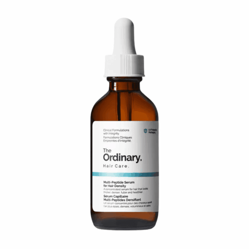 The Ordinary Multi-Peptide Serum for Hair Density in a brown dropper bottle with white and blue label, formulated to promote thicker, denser, and healthier-looking hair using concentrated peptides and nourishing actives.