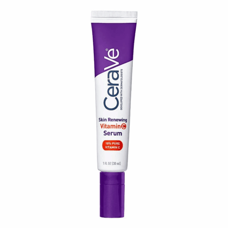 A tube of CeraVe Skin Renewing Vitamin C Serum 30ml with a purple cap and white body, highlighting “10% Pure Vitamin C.” The packaging emphasizes dermatologist-developed brightening care to improve skin tone and texture.