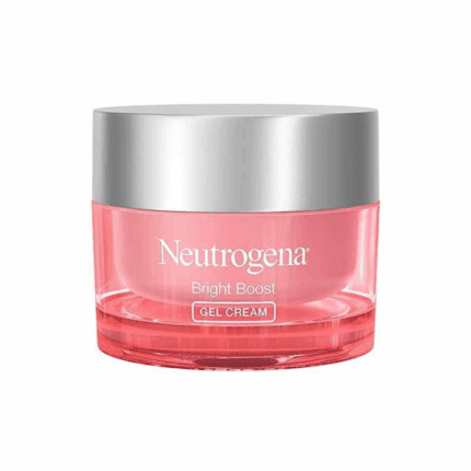 Front view of Neutrogena Bright Boost Gel Cream in a pink jar with a silver lid, designed to brighten skin, improve texture, and provide smooth, radiant hydration.