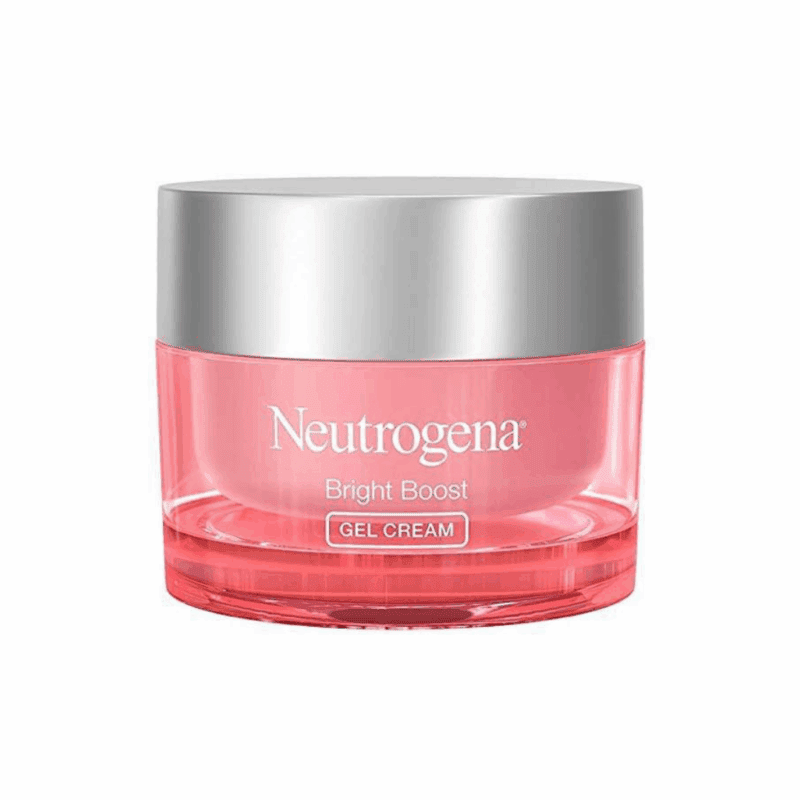 Front view of Neutrogena Bright Boost Gel Cream in a pink jar with a silver lid, designed to brighten skin, improve texture, and provide smooth, radiant hydration.