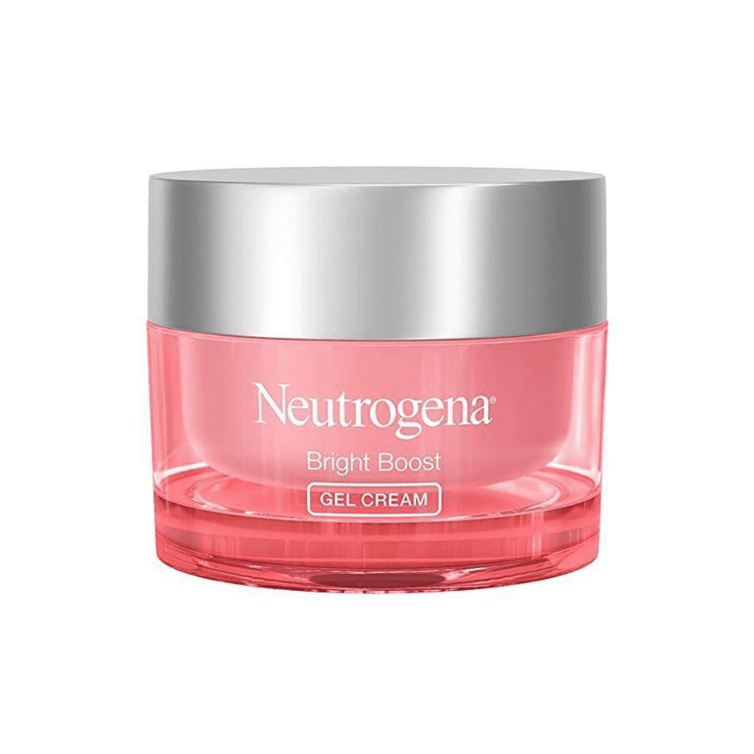 Neutrogena Bright Boost Gel Cream – Radiance-Enhancing Moisturizer Front view of Neutrogena Bright Boost Gel Cream in a pink jar with a silver lid, designed to brighten skin, improve texture, and provide smooth, radiant hydration.